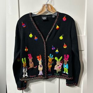Vintage Christina Rotelli Festive holiday Cardigan with Embroidered Reindeer